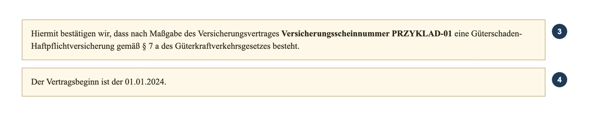 Krok 3 i 4: Versicherungsscheinnummer PRZYKLAD-01 i Vertragsbeginn na przykładowej Versicherungsbestätigung Allianz Esa