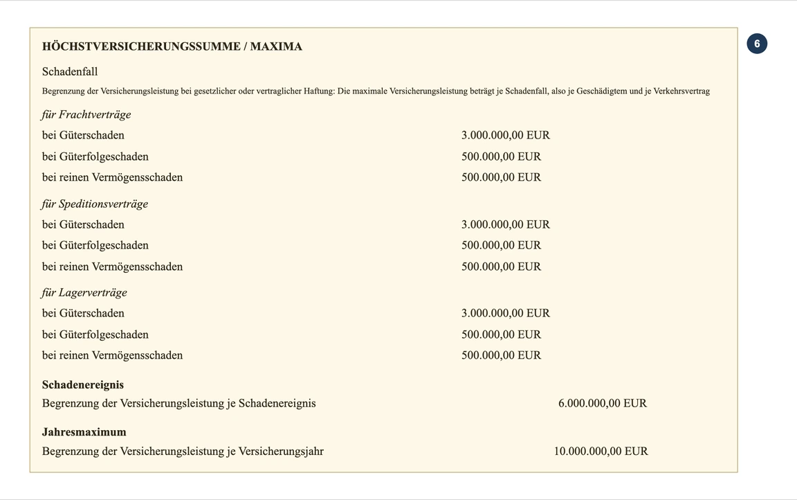 Krok 6: HÖCHSTVERSICHERUNGSSUMME / MAXIMA z osobnymi limitami na Güterschaden, Güterfolgeschaden i Vermögensschaden na przykładowym potwierdzeniu Allianz Esa