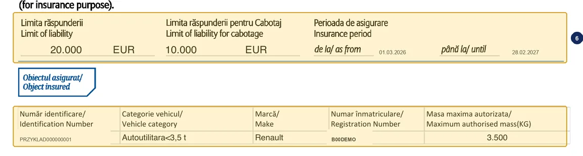 Anexa 2 certificate: Limit of liability 20.000 EUR and Limit of liability for cabotage 10.000 EUR on a sample Allianz-Țiriac CMR policy