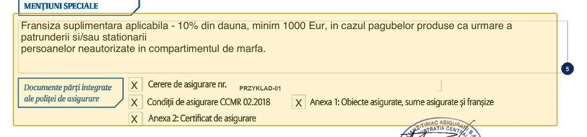 Step 5: MENȚIUNI SPECIALE (special mentions), 10% deductible and CCMR 02.2018 documents on a sample Allianz-Țiriac CMR policy