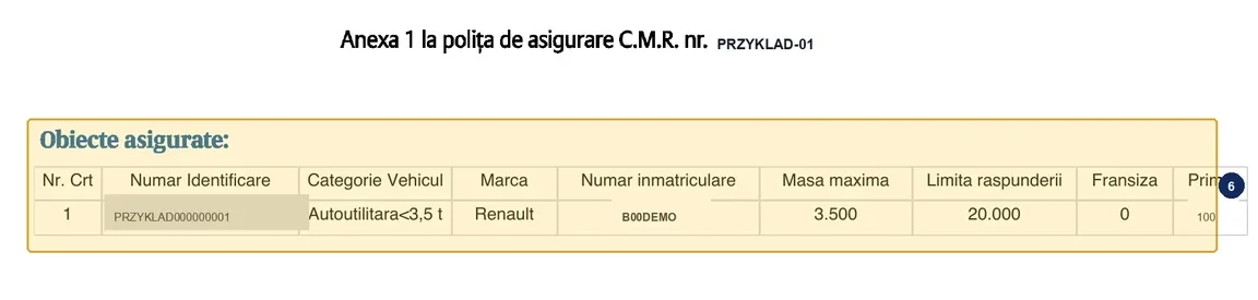 Step 6: Anexa 1 vehicle list with Autoutilitara under 3.5 t and a 20.000 limit on a sample Allianz-Țiriac CMR policy