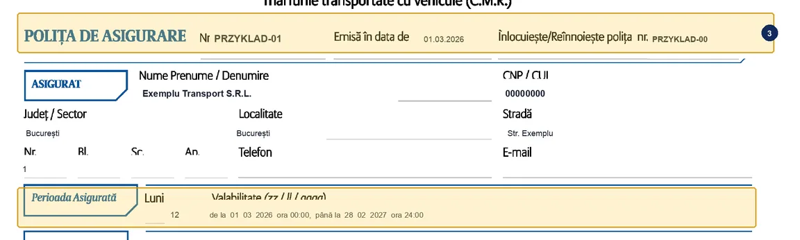 Step 3: POLIȚA DE ASIGURARE Nr (policy number), issue date, replaced policy number and Perioada Asigurată (insured period) on a sample Allianz-Țiriac CMR policy
