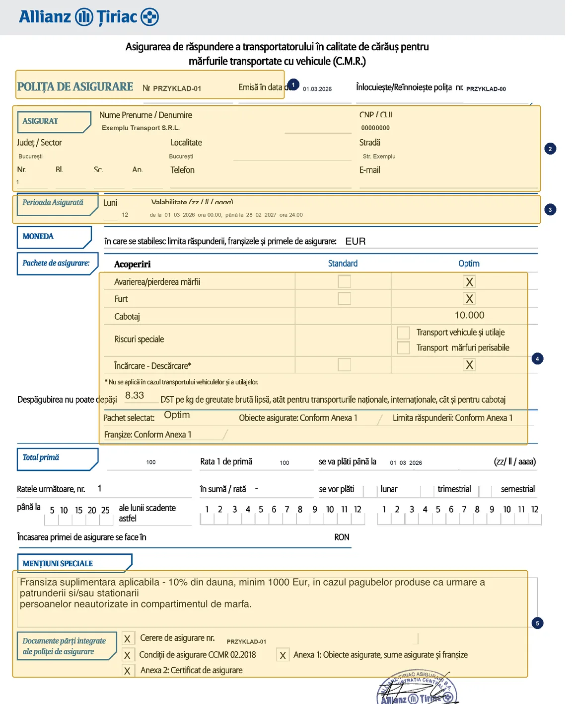 First page of a sample Allianz-Țiriac CMR policy with steps 1 to 5 on the title, ASIGURAT, period, Optim package and MENȚIUNI SPECIALE