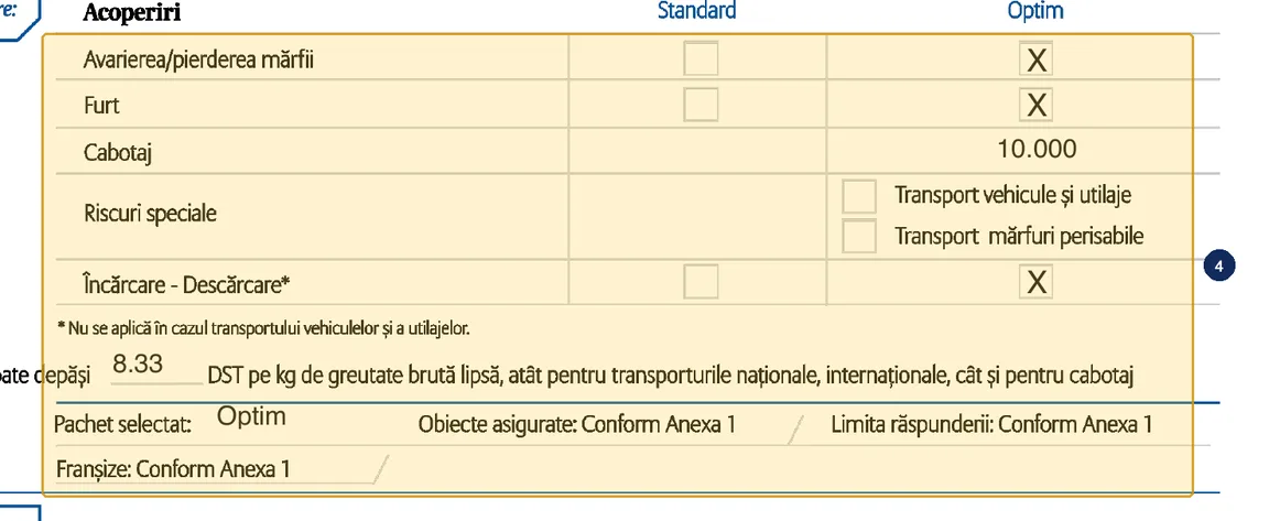 Step 4: Optim package, Cabotaj (cabotage) 10.000 and 8.33 DST on a sample Allianz-Țiriac CMR policy