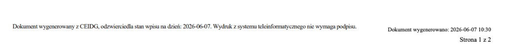 Stopka wydruku CEIDG z datą stanu wpisu i datą pobrania pliku.