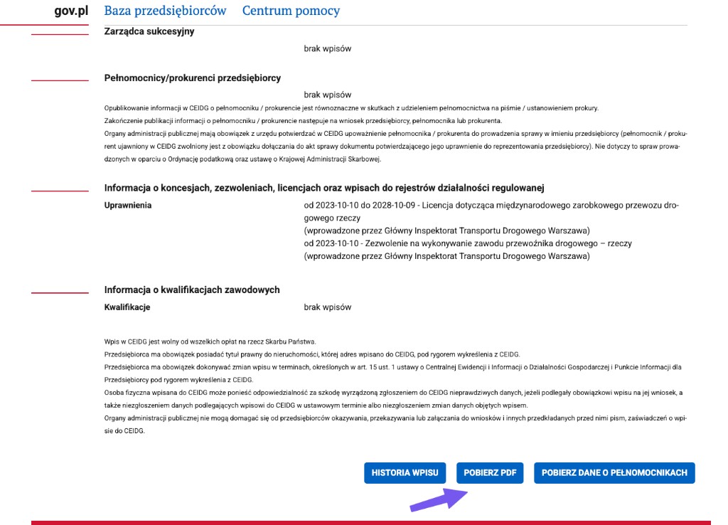 Ekran szczegółów CEIDG z sekcją Uprawnienia i przyciskiem Pobierz PDF.