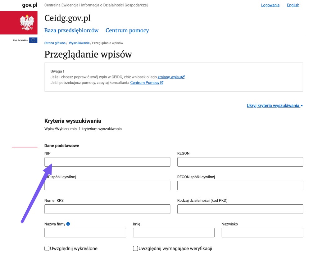 Wyszukiwarka CEIDG z polem NIP w kryteriach wyszukiwania.