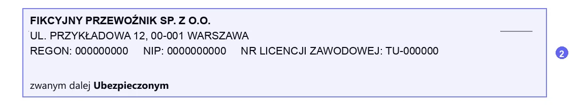 Step 2: Ubezpieczony (insured) block with REGON, NIP and licence number on a sample Compensa carrier liability contract