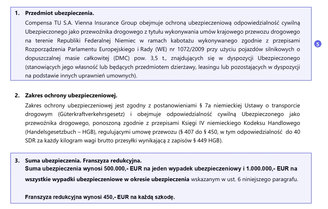 Kabotaż Niemcy annex: DMC above 3.5 t plus a separate sum and deductible on a sample Compensa carrier liability contract