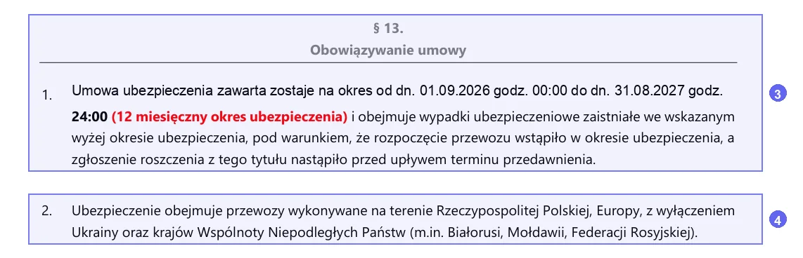 Steps 3 and 4: § 13 Obowiązywanie umowy with period and territory on a sample Compensa carrier liability contract