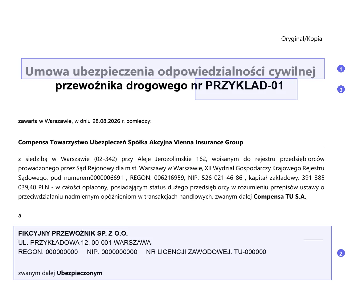 First page of a sample Compensa carrier liability contract with steps 1, 2 and 3 on the title, Ubezpieczony and contract number