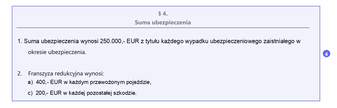 Step 4: § 4 Suma ubezpieczenia (sum insured) and Franszyza redukcyjna (deductible) on a sample Compensa carrier liability contract