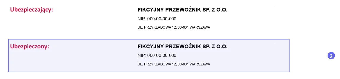 Krok 2: bloki Ubezpieczającego i Ubezpieczonego na przykładowej polisie OCP ERGO Hestia