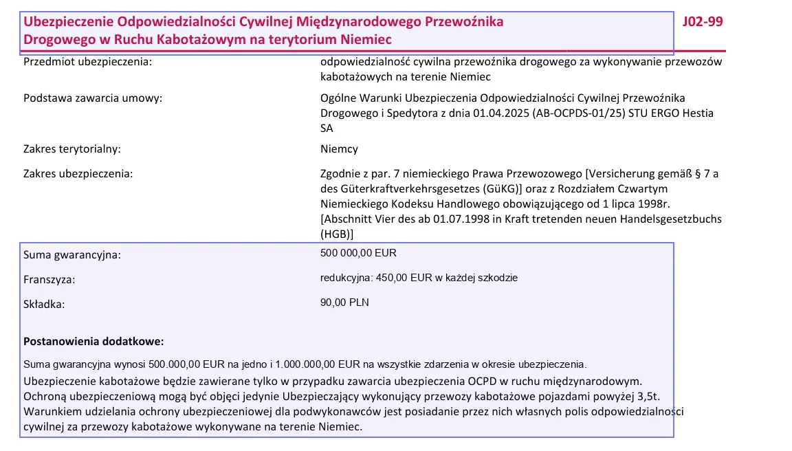 Osobny produkt J02-99 kabotaż Niemcy z dwiema sumami i DMC powyżej 3,5 t na przykładowej polisie OCP ERGO Hestia