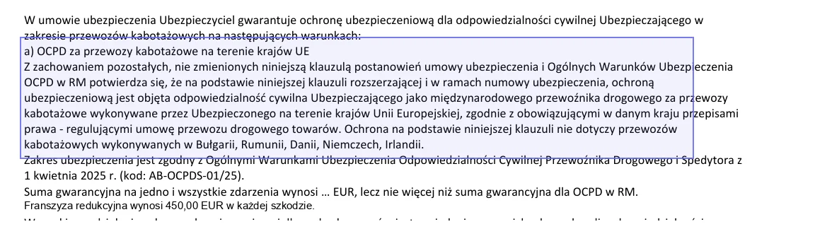 Klauzula OCPD za przewozy kabotażowe na terenie krajów UE z listą wyłączeń na przykładowej polisie OCP ERGO Hestia