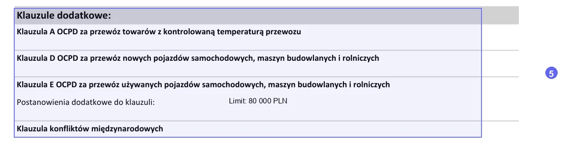 Krok 5: Klauzule dodatkowe A, D i E na przykładowej polisie OCP ERGO Hestia