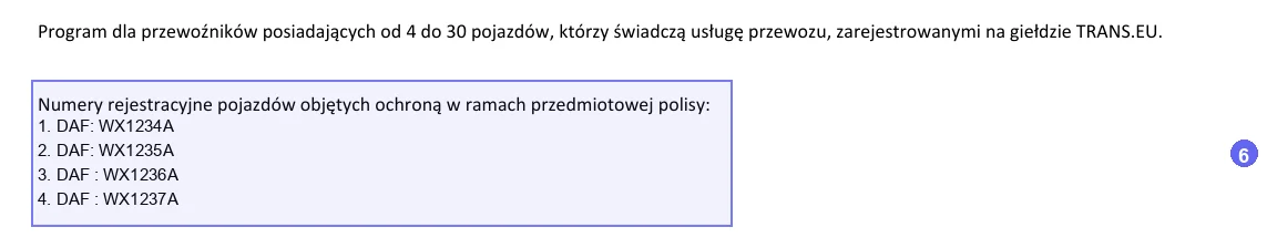 Krok 6: Numery rejestracyjne pojazdów objętych ochroną na przykładowej polisie OCP ERGO Hestia