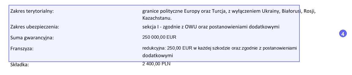 Krok 4: Zakres terytorialny, Suma gwarancyjna i Franszyza na przykładowej polisie OCP ERGO Hestia