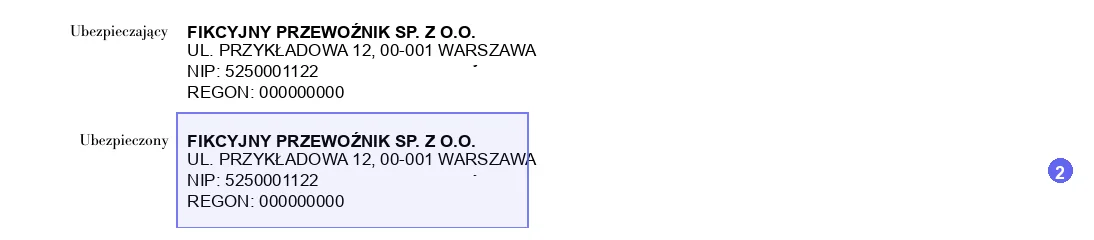 Step 2: Ubezpieczający (policyholder) and Ubezpieczony (insured) on a sample Generali carrier liability policy