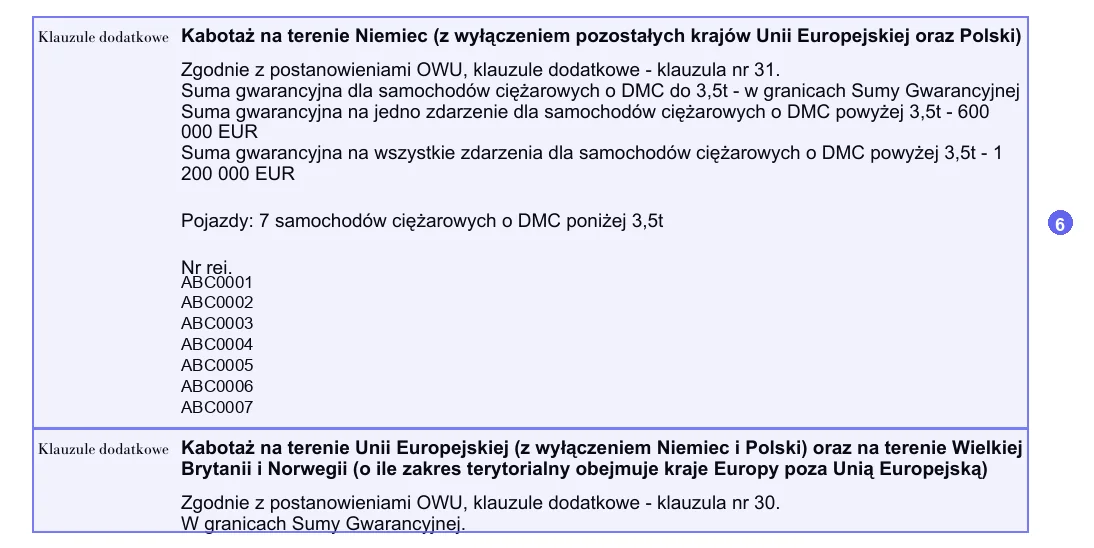 Step 6: klauzula nr 31 Kabotaż na terenie Niemiec with DMC and plates, plus klauzula nr 30, on a sample Generali carrier liability policy