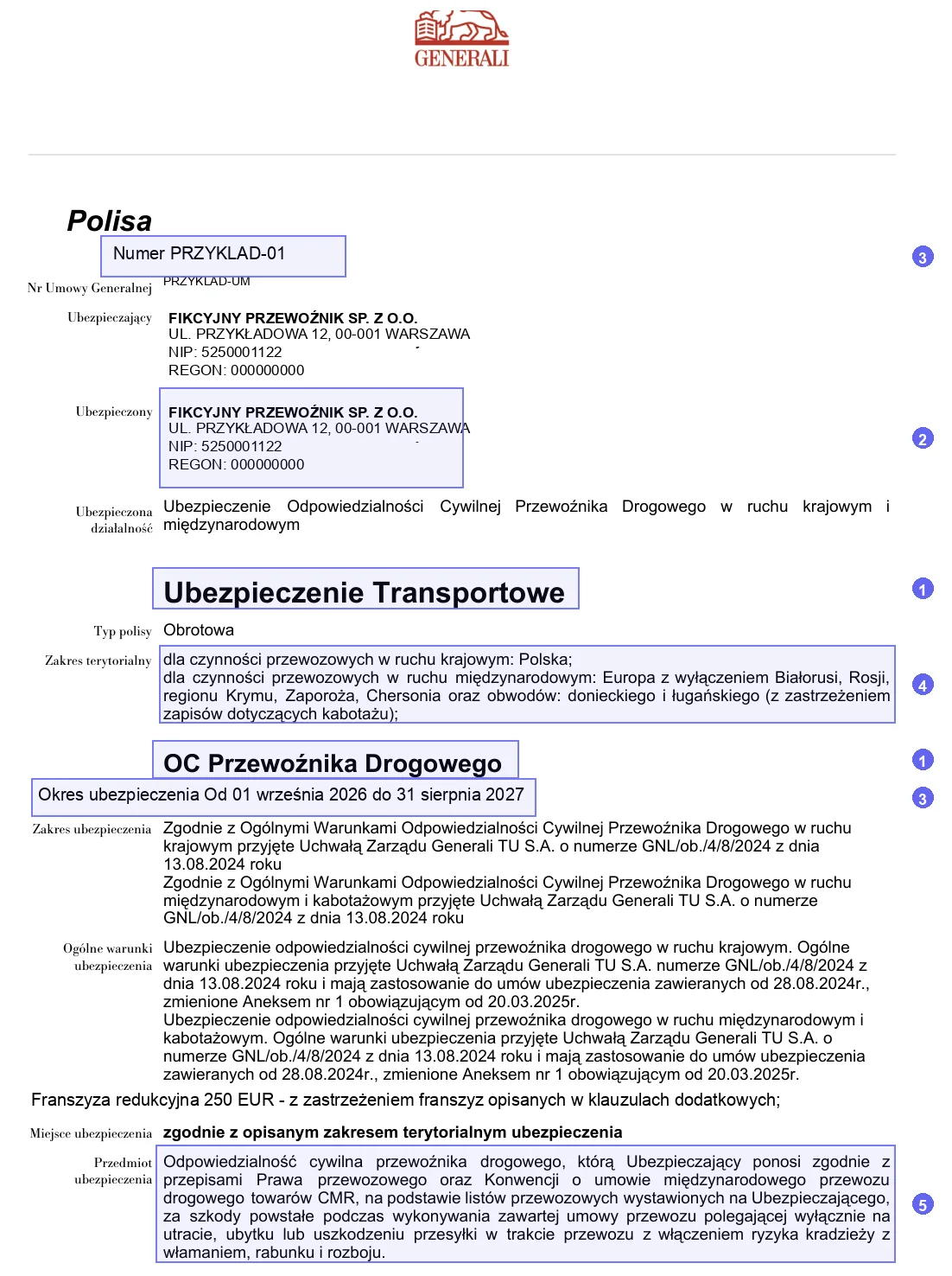 First page of a sample Generali carrier liability policy with steps 1-5 on Ubezpieczenie Transportowe, Ubezpieczony, Numer, Okres ubezpieczenia, Zakres terytorialny and Przedmiot ubezpieczenia