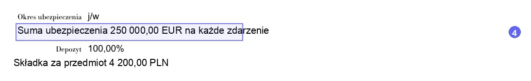 Step 4: Suma ubezpieczenia (sum insured) per event on a sample Generali carrier liability policy