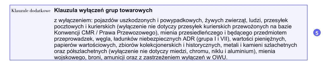 Step 5: Klauzula wyłączeń grup towarowych on a sample Generali carrier liability policy
