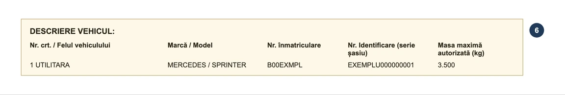 Step 6: DESCRIERE VEHICUL (vehicle description) with plate B00EXMPL and mass 3.500 kg on a sample Groupama contract