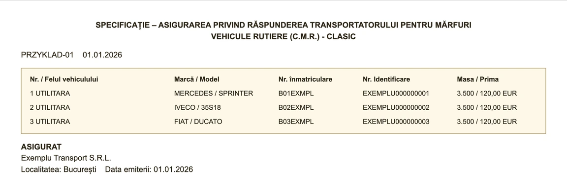 SPECIFICAȚIE (specification) for CMR Clasic listing three UTILITARA (light goods) vehicles on a sample Groupama annex