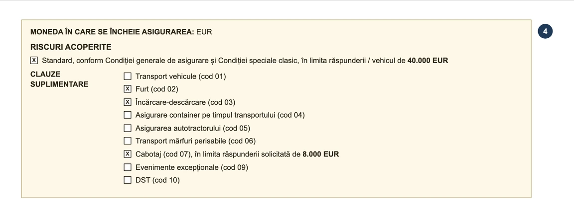 Step 4: Standard 40.000 EUR per vehicle and Cabotaj (cod 07) (cabotage) 8.000 EUR on a sample Groupama contract