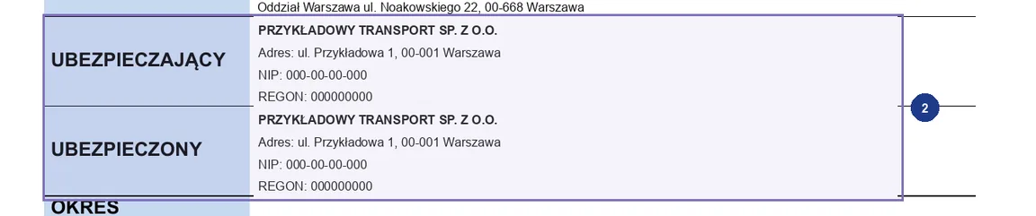Step 2: Ubezpieczający (policyholder) and Ubezpieczony (insured) blocks on a sample InterRisk carrier liability policy