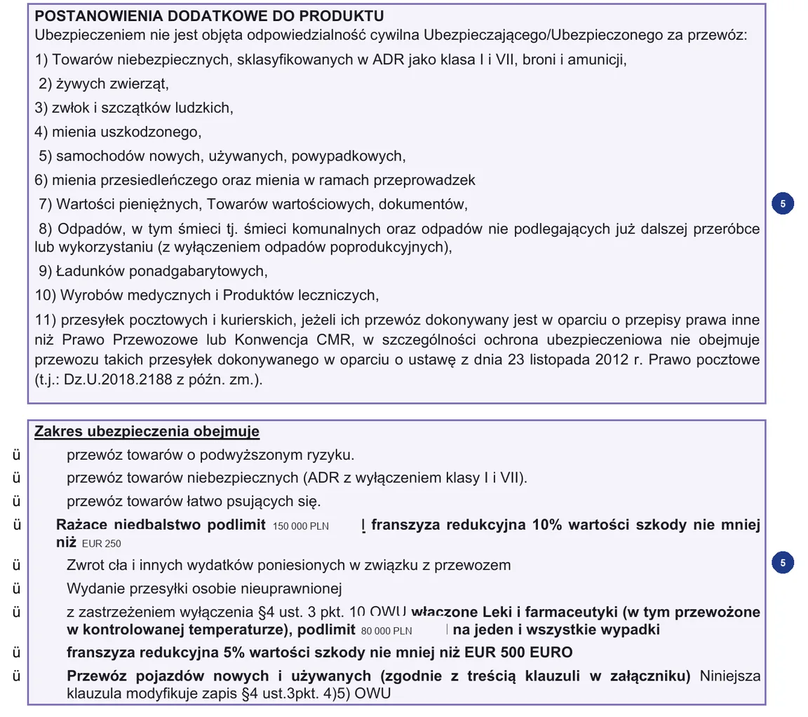 Step 5: POSTANOWIENIA DODATKOWE DO PRODUKTU (additional product provisions) and the medicines override on a sample InterRisk carrier liability policy