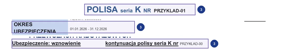 Step 3: POLISA seria K NR (series K policy number), OKRES UBEZPIECZENIA (period of insurance) and kontynuacja polisy seria K nr (continuation of series K) on a sample InterRisk carrier liability policy