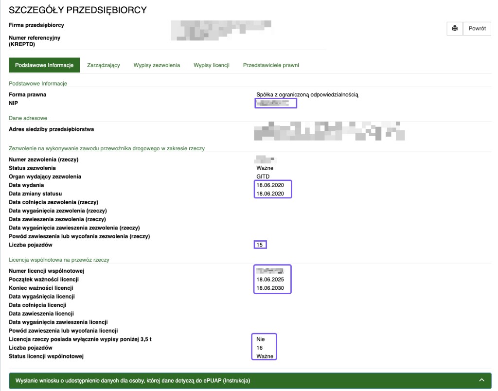 Szczegóły KREPTD z ważnym zezwoleniem krajowym i ważną licencją wspólnotową.
