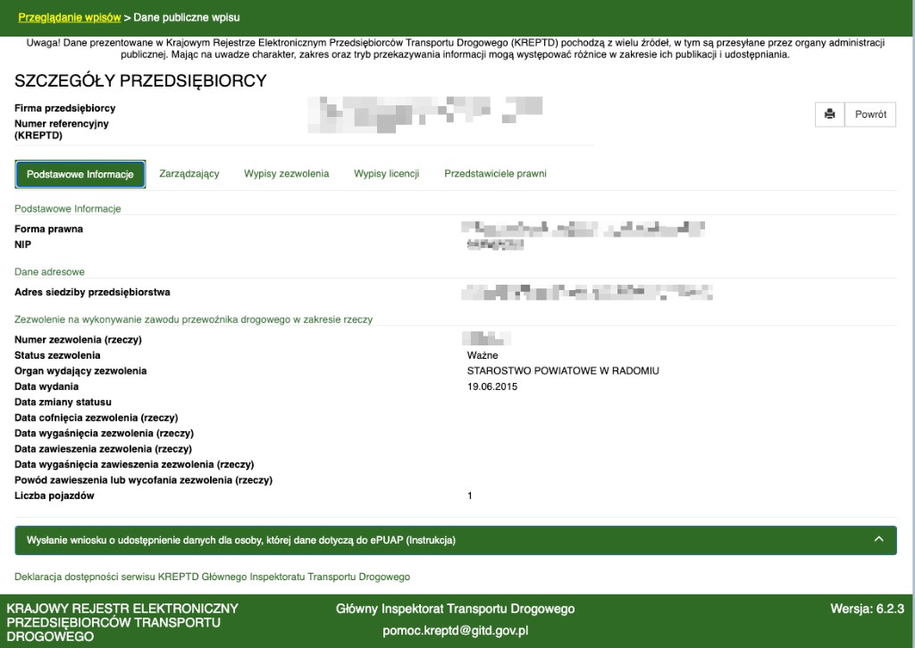 Szczegóły KREPTD z samym zezwoleniem krajowym, bez sekcji licencji wspólnotowej.