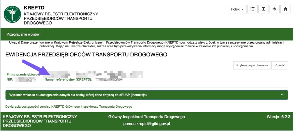 Ekran przeglądania wpisów KREPTD z firmą przedsiębiorcy, NIP i numerem referencyjnym.