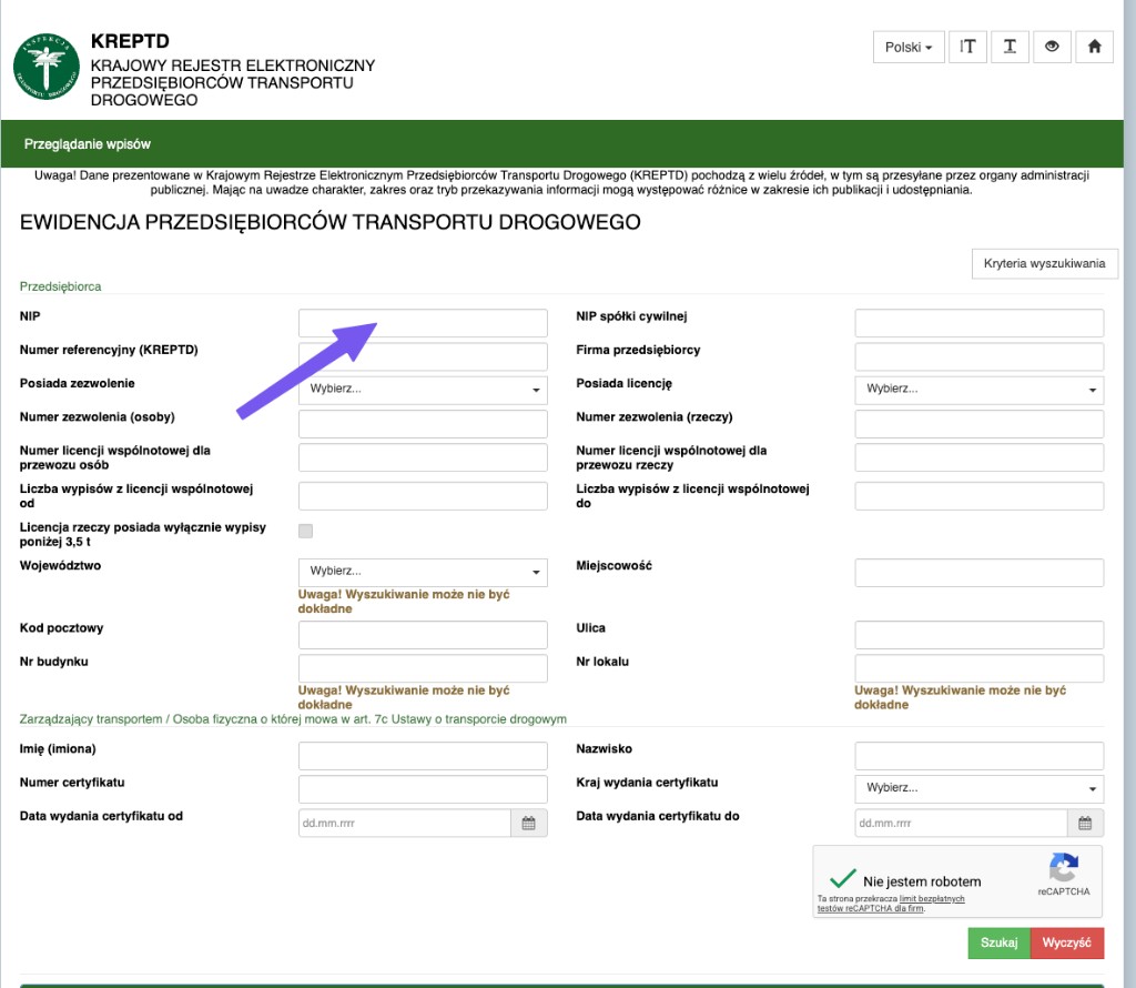 Kryteria wyszukiwania KREPTD z polem NIP i przyciskiem Szukaj.