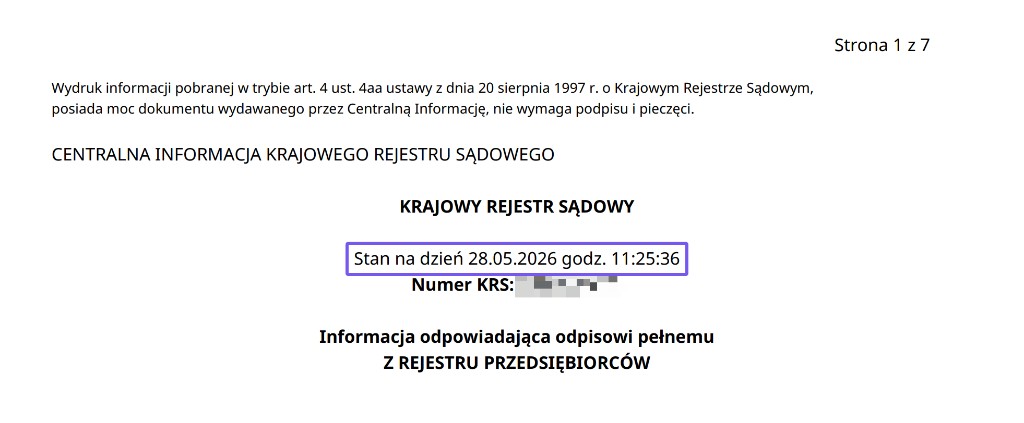 Nagłówek odpisu pełnego KRS z datą wygenerowania i numerem KRS.