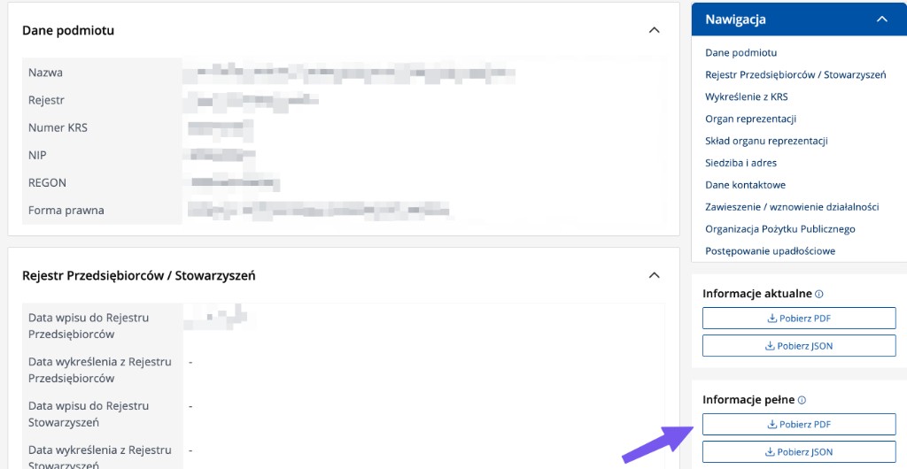 Ekran szczegółów KRS z przyciskiem Pobierz PDF w sekcji Informacje pełne.