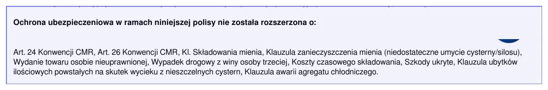 List of cover that was not extended on a sample PZU carrier liability policy