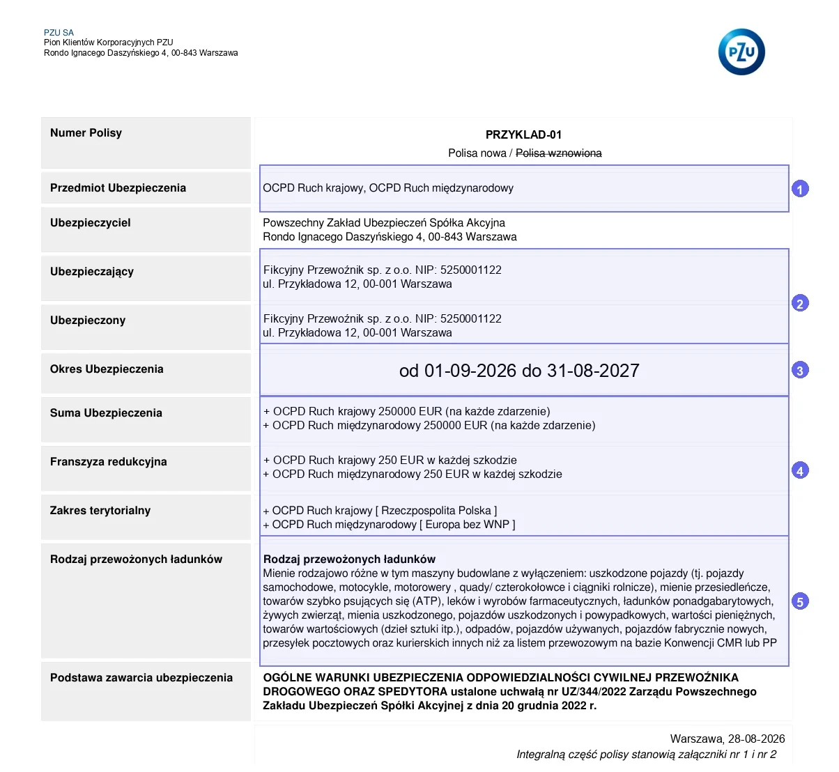 First page of a sample PZU carrier liability policy with step numbers 1-5 on subject, insured, period, sum and cargo