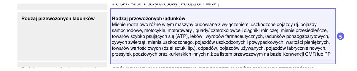 Step 5: excluded cargo types under the heading mienie rodzajowo różne on a sample PZU carrier liability policy