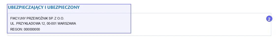 Step 2: UBEZPIECZAJĄCY I UBEZPIECZONY (policyholder and insured) on a sample UNIQA carrier liability policy