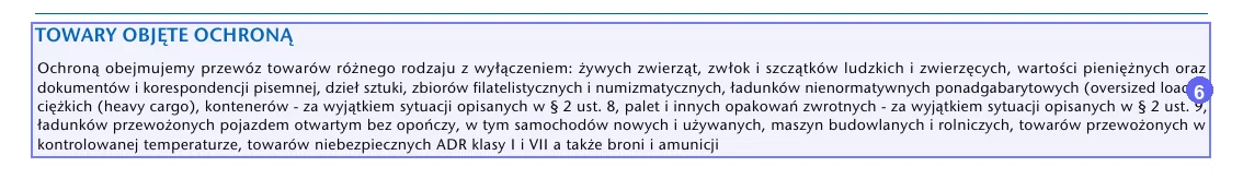 Step 6: TOWARY OBJĘTE OCHRONĄ exclusion list on a sample UNIQA carrier liability policy
