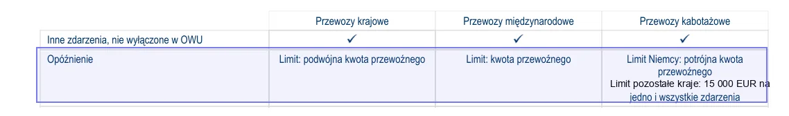 Wiersz Opóźnienie z osobnymi limitami dla ruchu krajowego, międzynarodowego i kabotażu na przykładowej polisie OCP Warta