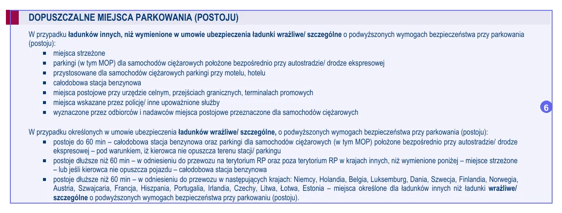 Krok 6: dopuszczalne miejsca parkowania dla ładunków zwykłych i wrażliwych na przykładowej polisie OCP Warta