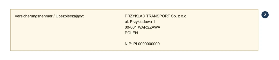 Krok 2: blok Versicherungsnehmer / Ubezpieczający na przykładowym certyfikacie Wiener Städtische