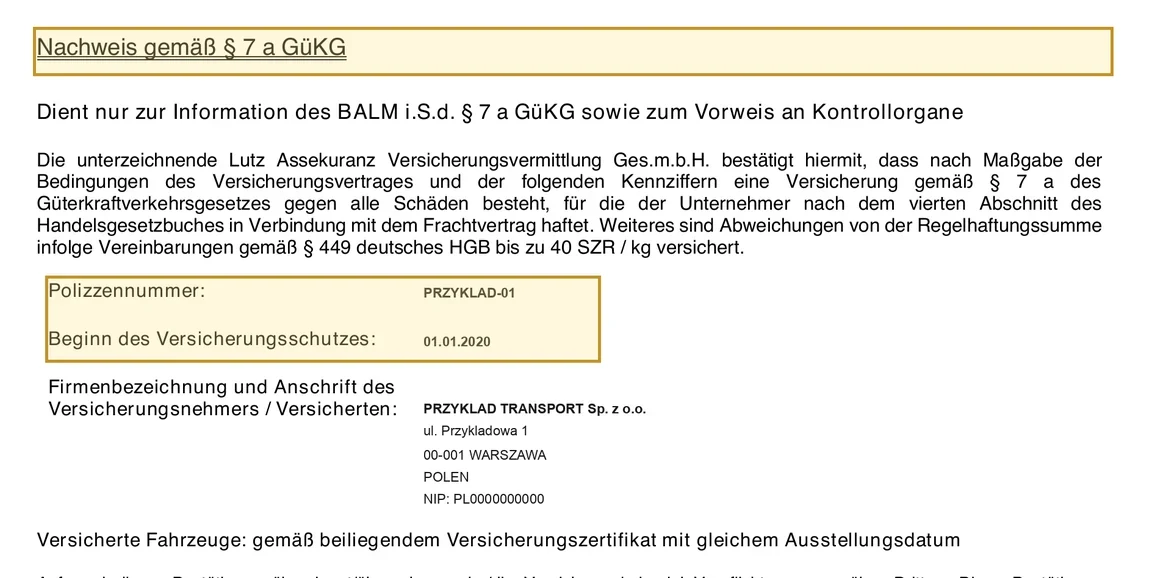 Nachweis gemäß § 7 a GüKG z Polizzennummer PRZYKLAD-01 i Beginn des Versicherungsschutzes 01.01.2020 na przykładowym druku Wiener Städtische