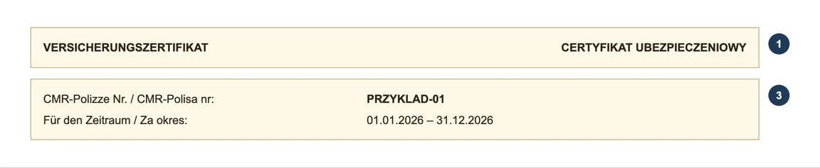 Krok 1 i 3: tytuł VERSICHERUNGSZERTIFIKAT, CMR-Polizze Nr. PRZYKLAD-01 i Für den Zeitraum na przykładowym certyfikacie Wiener Städtische