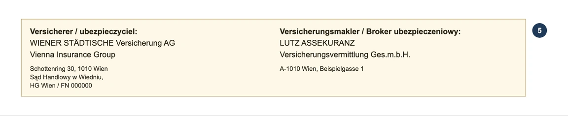 Krok 5: Versicherer Wiener Städtische po lewej i Versicherungsmakler Lutz Assekuranz po prawej na przykładowym certyfikacie